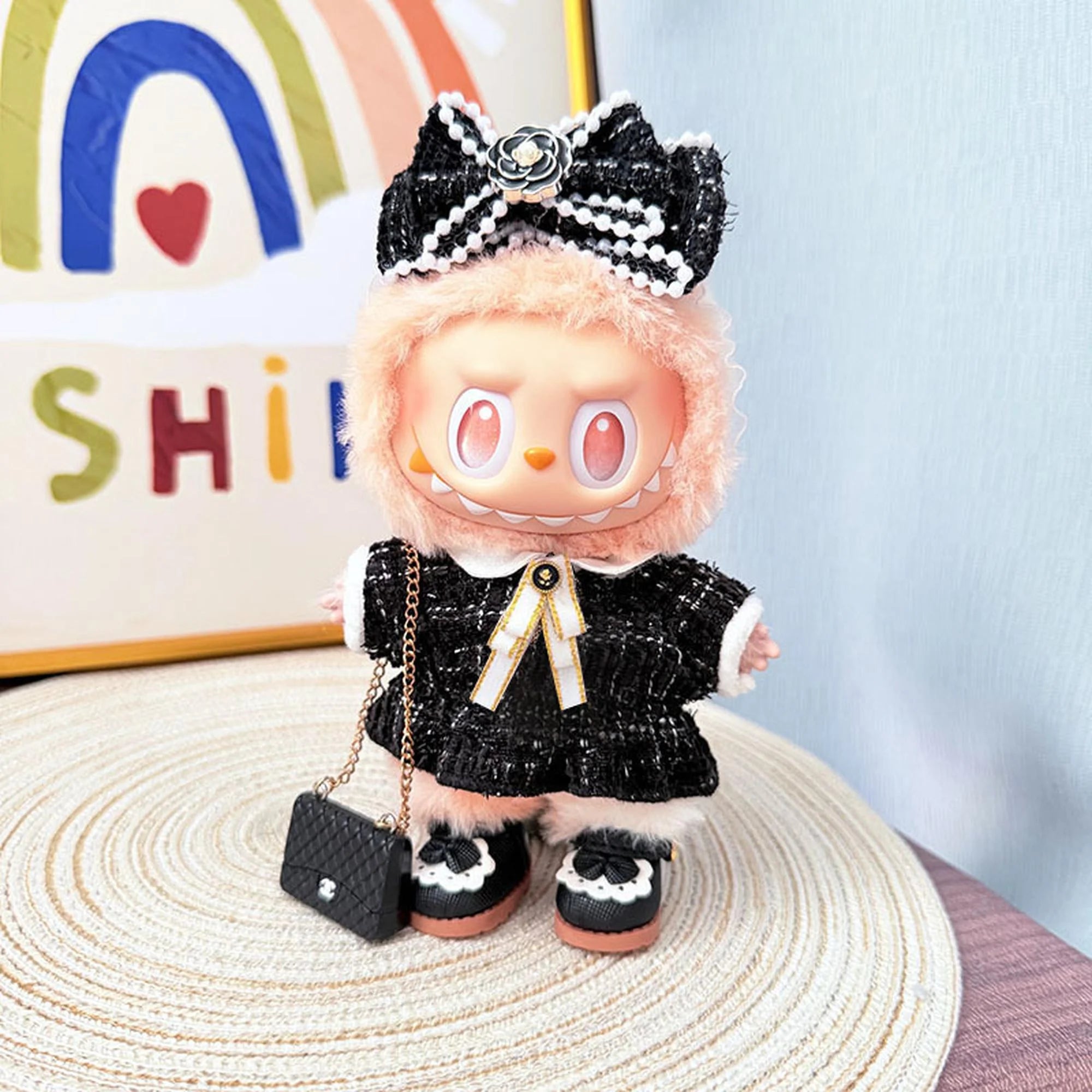 Labubu Clothes Labubu Vintage Chanel-Style Black Dress + Black Princess Shoes + Black C Bag