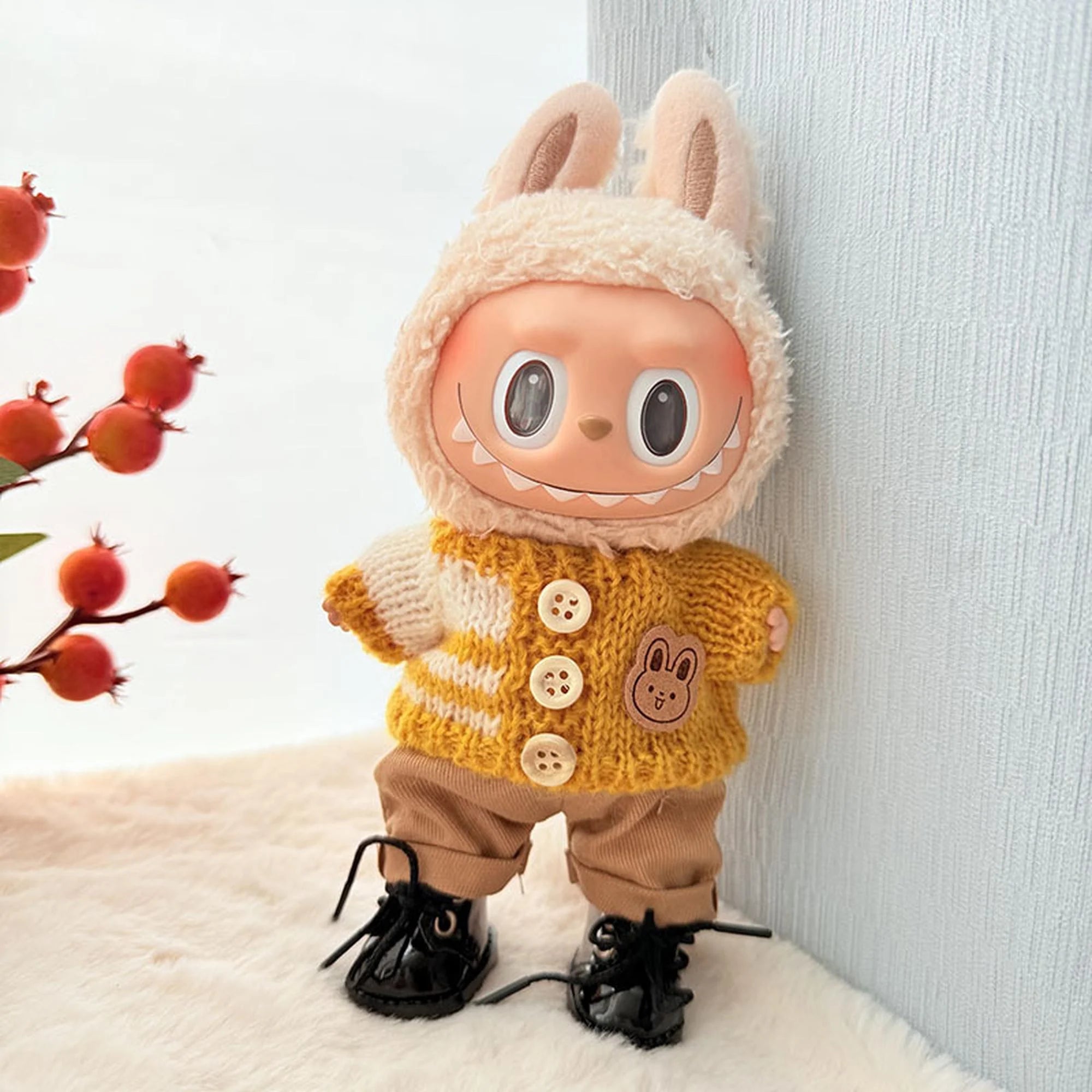 Labubu Clothes Labubu Yellow Striped Button Sweater + Khaki Pants + Black Lace-Up Shoes