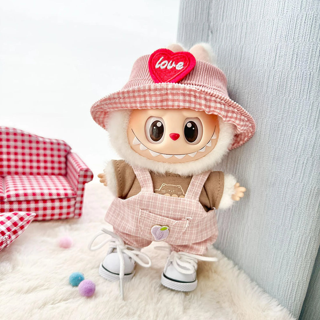Labubu Clothes Labubu Au Brown Shirt &amp; Overalls Set + Pink Heart Hat + White Canvas Shoes