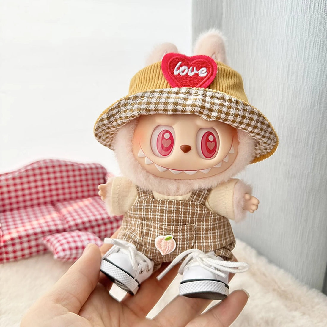 Labubu Clothes Labubu Au Mickey T-Shirt With Overalls Set + Yellow Heart Cap + White Canvas Shoes