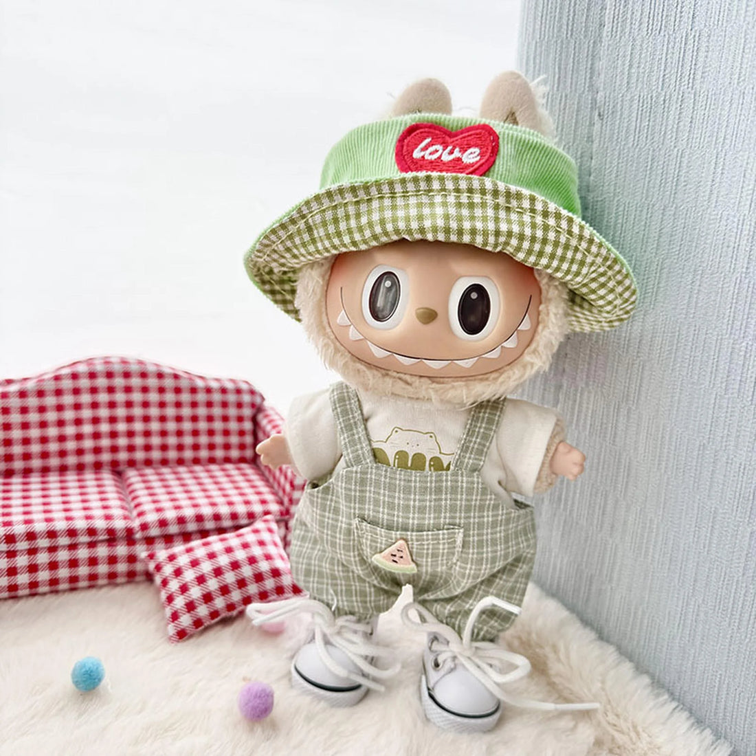 Labubu Clothes Labubu Au White Shirt &amp; Overalls Set + Green Heart Cap + White Canvas Shoes