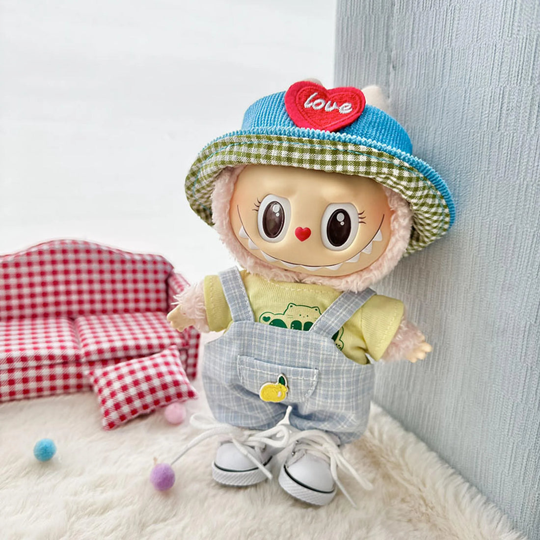 Labubu Clothes Labubu Au Yellow Suspenders Jumpsuit Two-Piece Set + Blue Heart Hat + White Canvas Shoes