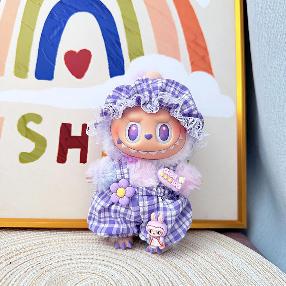 Labubu Clothes Labubu Baby Hat And Checkered Overalls Set In Purple
