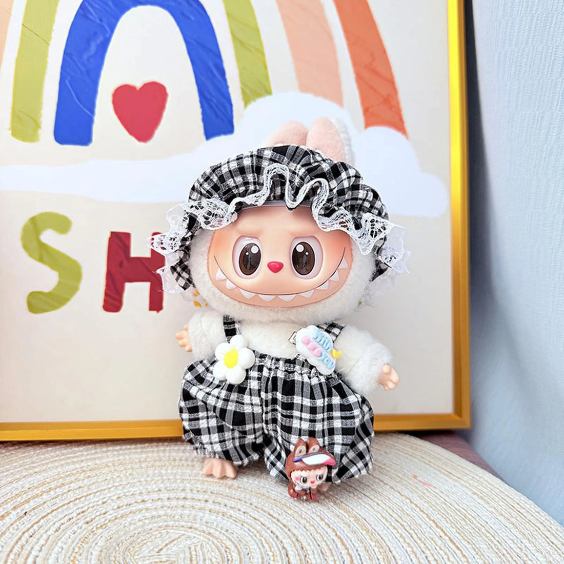 Labubu Clothes Labubu Baby Hat &amp; Plaid Overalls Set In Black