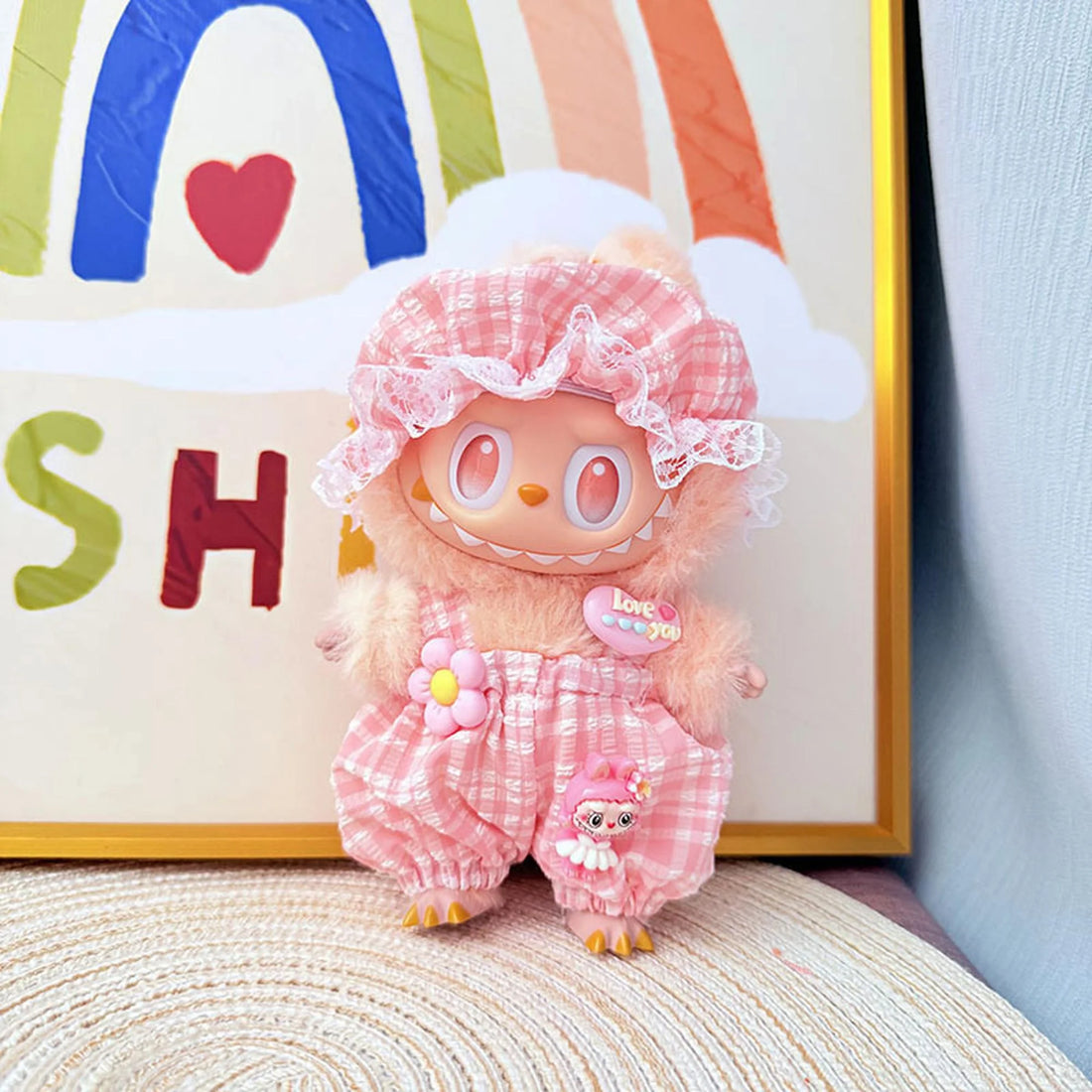 Labubu Clothes Labubu Baby Hat &amp; Plaid Overalls Set In Pink