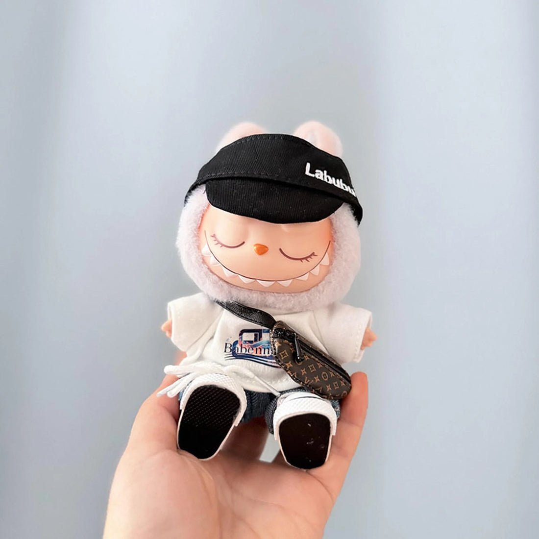 Labubu Clothes Labubu Bani White Tee + Cuffed Jeans + Brown V Bag + White Canvas Sneakers + Black Bubu Hat