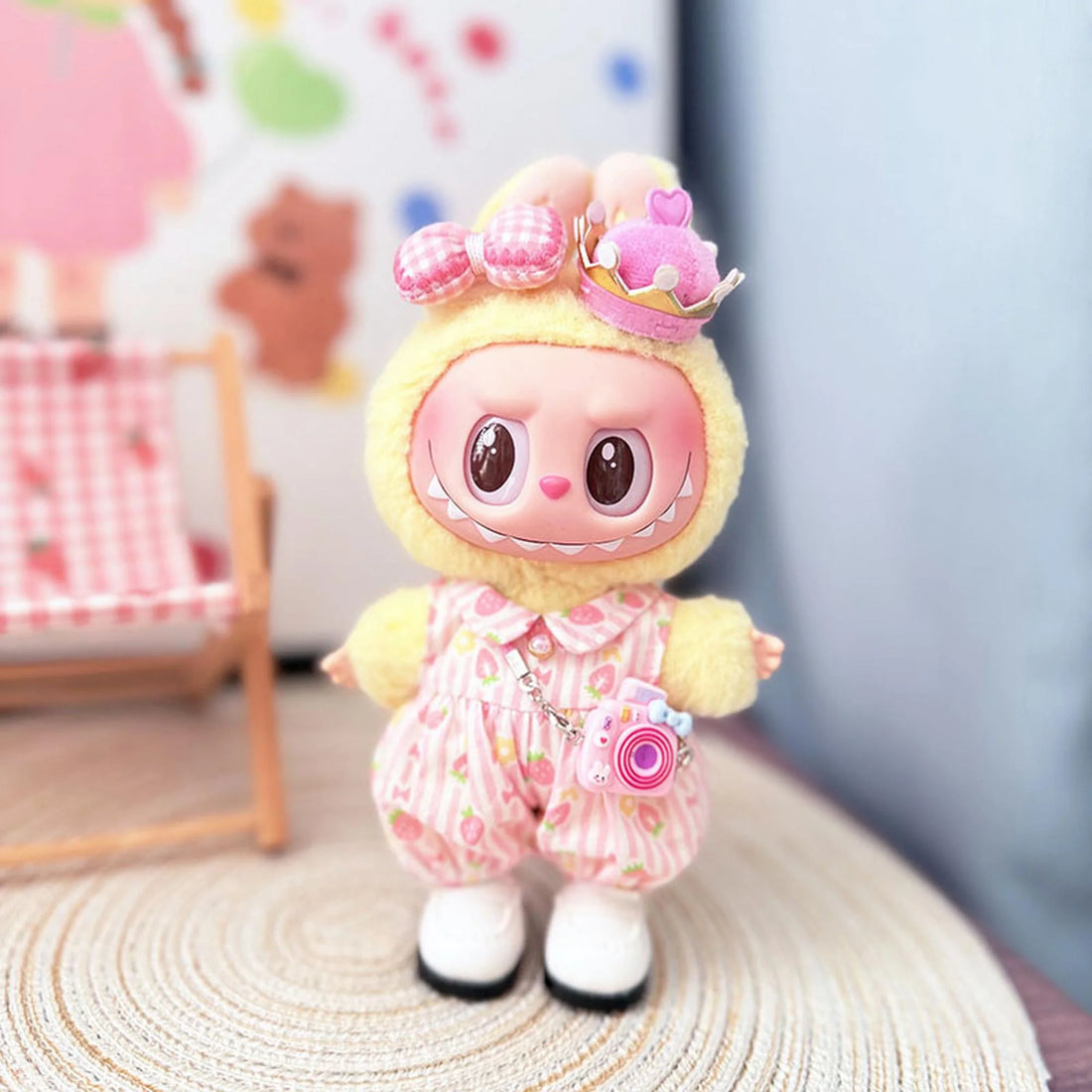 Labubu Clothes Labubu Barrette-Style Strawberry Jumpsuit In Pink + White Square-Toe Shoes + Kd Pink Camera