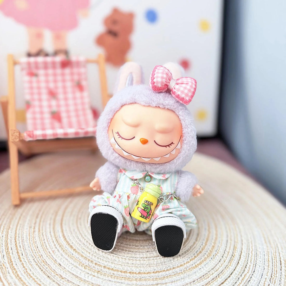 Labubu Clothes Labubu Barrette-Style Strawberry Romper With Blue + White Canvas Shoes &amp; Yellow Water Bottle