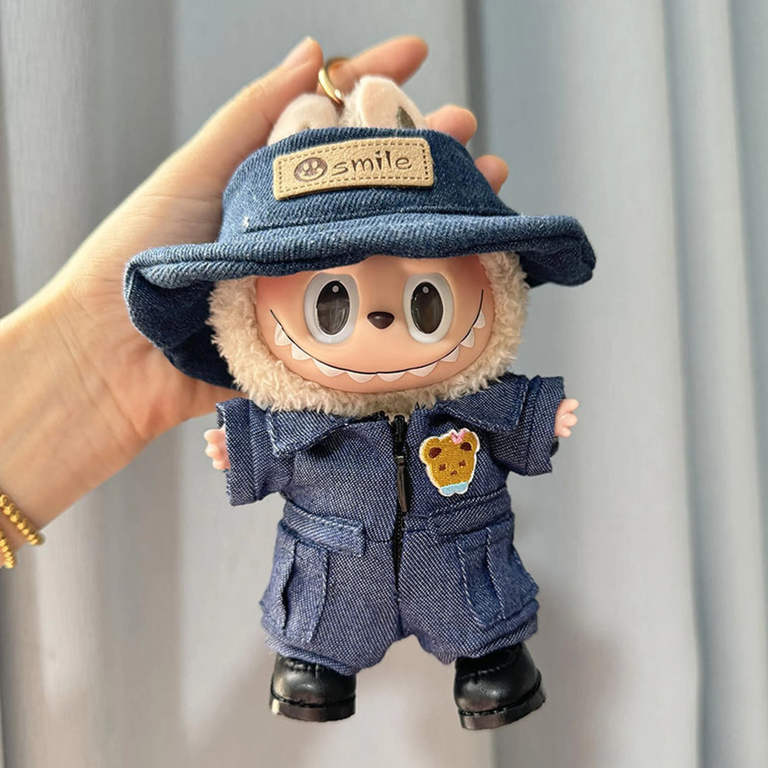 Labubu Clothes Labubu Bear Denim Overalls + Blue Smile Hat + Black Square-Toe Shoes