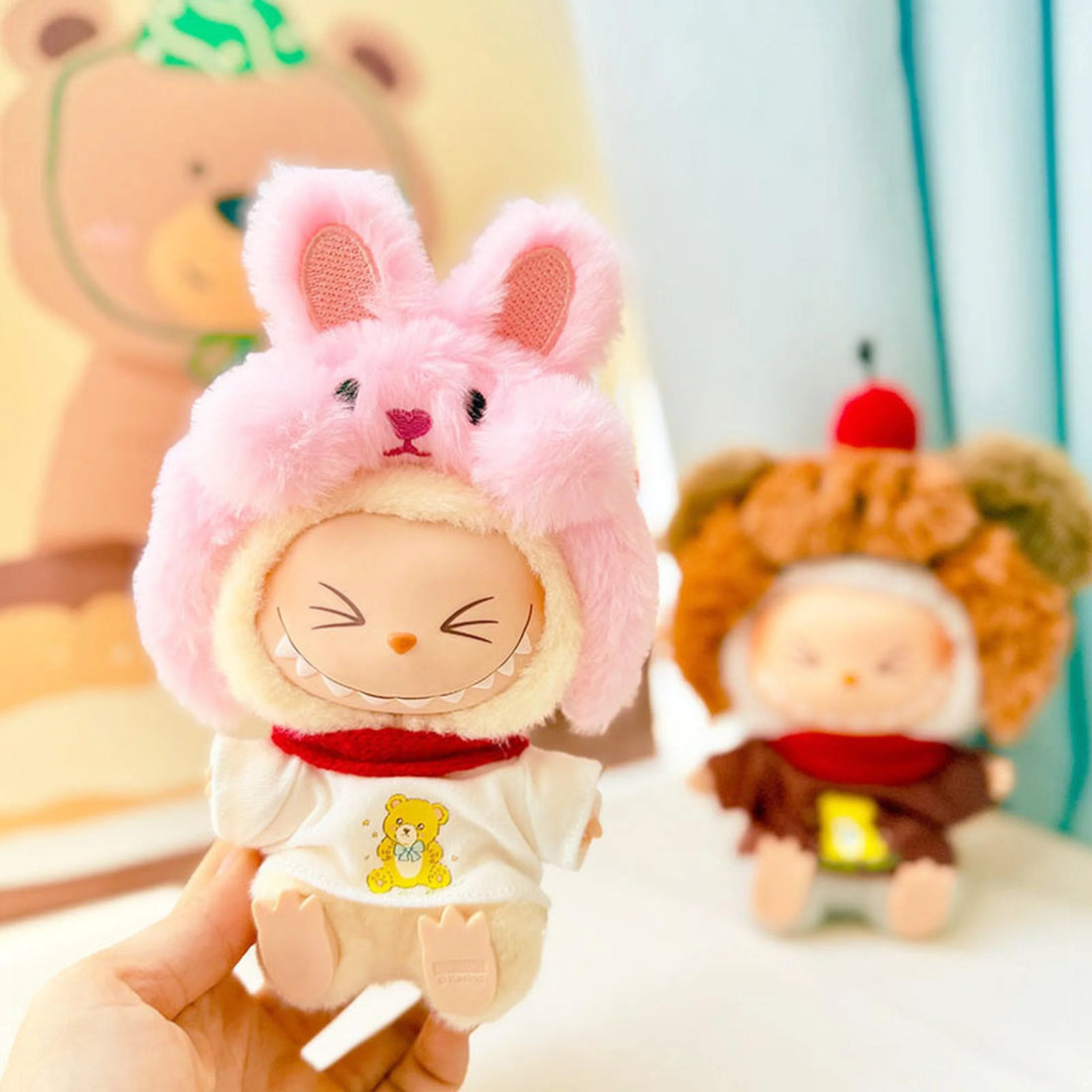 Labubu Clothes Labubu Bear White T-Shirt + Pink Bunny Headband Set