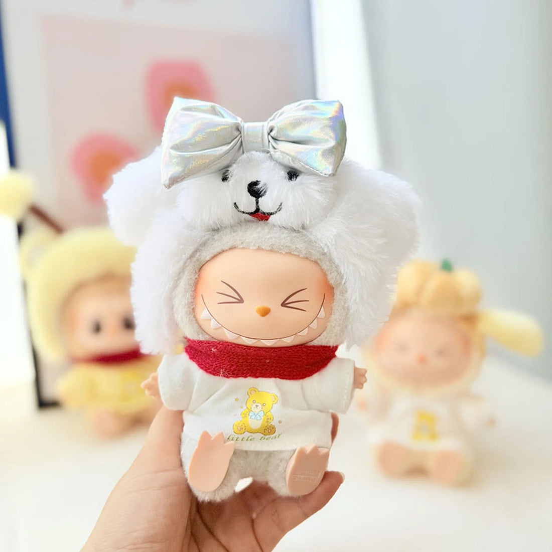 Labubu Clothes Labubu Bear White T-Shirt + White Puppy Hairband Set