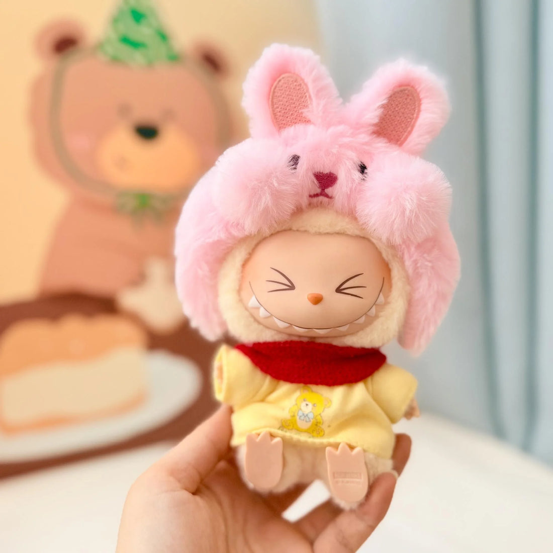 Labubu Clothes Labubu Bear Yellow T-Shirt + Pink Bunny Hairband Set