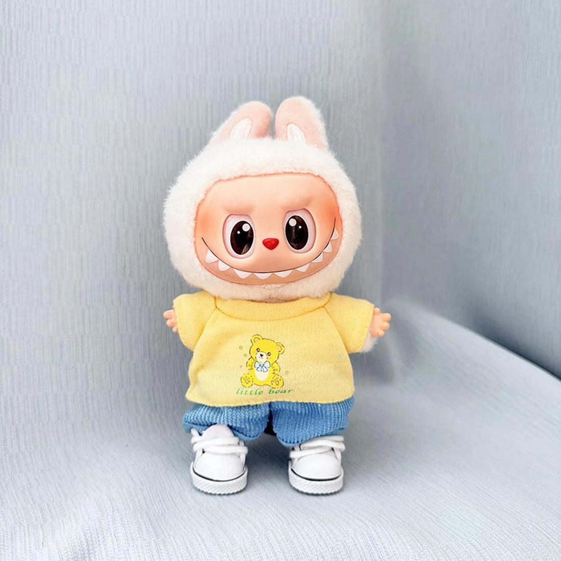 Labubu Clothes Labubu Bear Yellow Tee + Blue Corduroy Pants + White Canvas Shoes