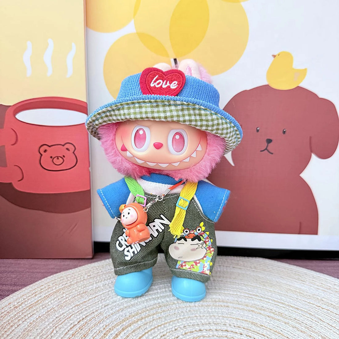 Labubu Clothes Labubu Beauty Warrior T + Shin-Chan Green Overalls + Blue Heart Hat + Blue Rain Boots + Orange Plush Bag