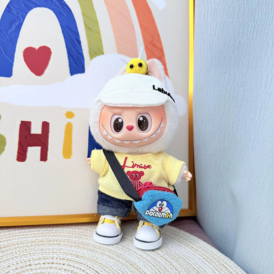 Labubu Clothes Labubu Bee Doraemon Outfit + White Bubu Cap + Yellow Canvas Shoes