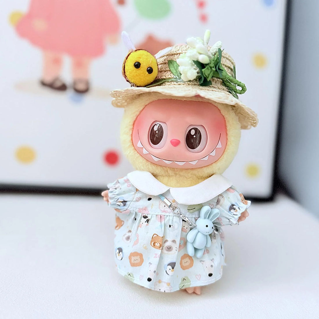 Labubu Clothes Labubu Bee Straw Hat + Little Animal Blue Bow Dress Set