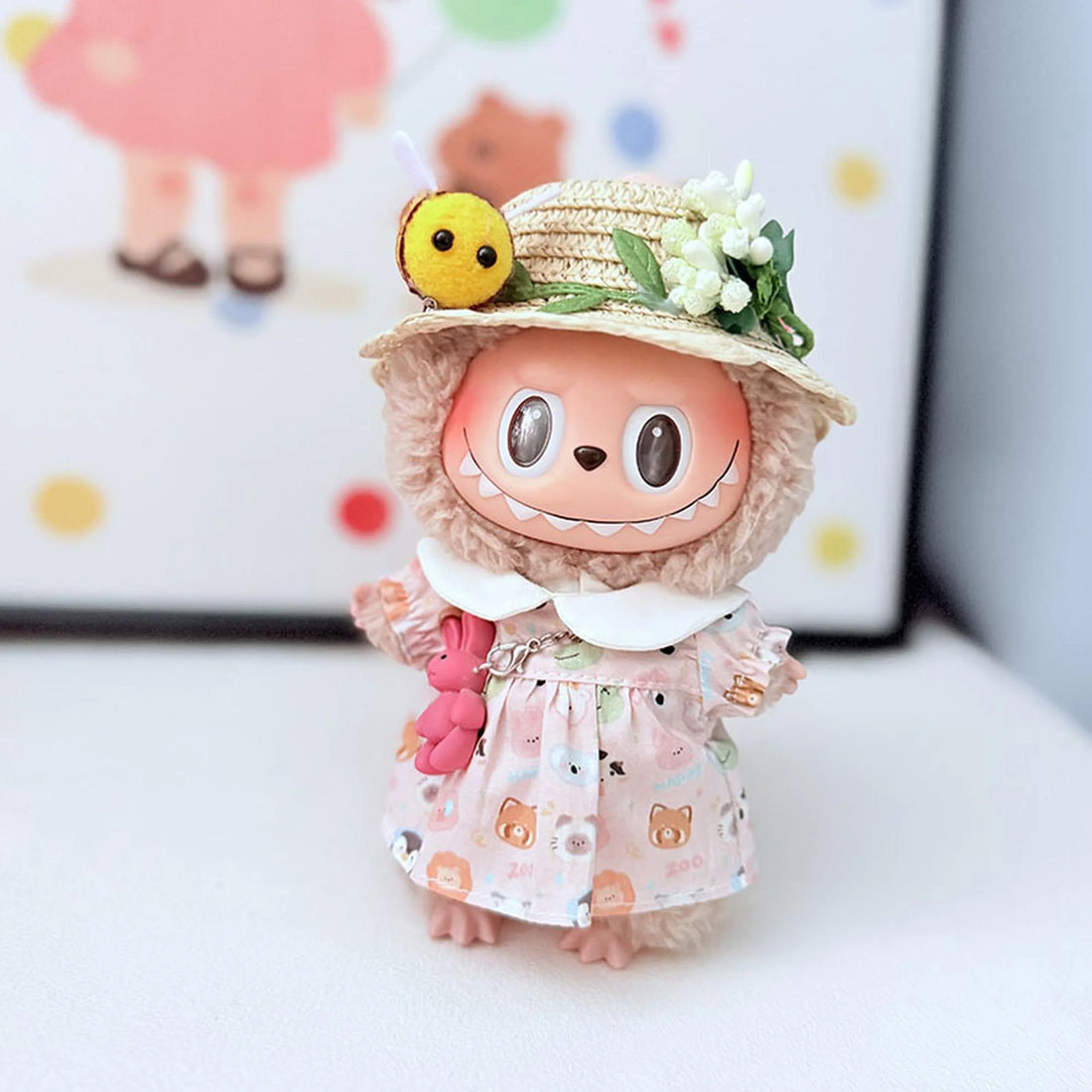 Labubu Clothes Labubu Bee Straw Hat + Little Animal Pink Bow Dress Set