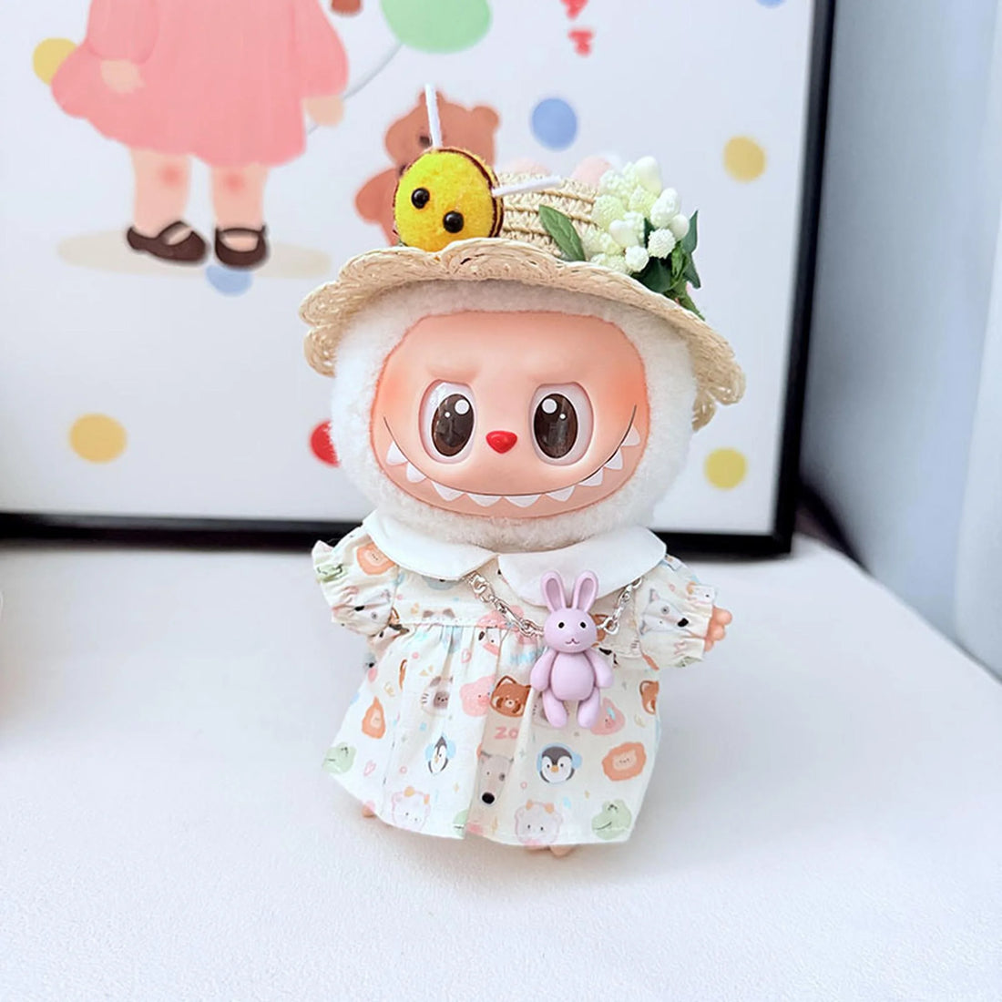 Labubu Clothes Labubu Bee Straw Hat + Little Animal Purple Bow Dress Set