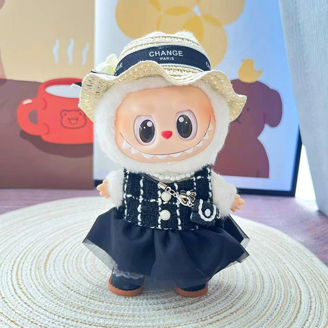 Labubu Clothes Labubu Black Brimmed Hat + Black Princess Shoes + Elegant Black Bag + Pearl-Trimmed Chanel-Style Black Outfit