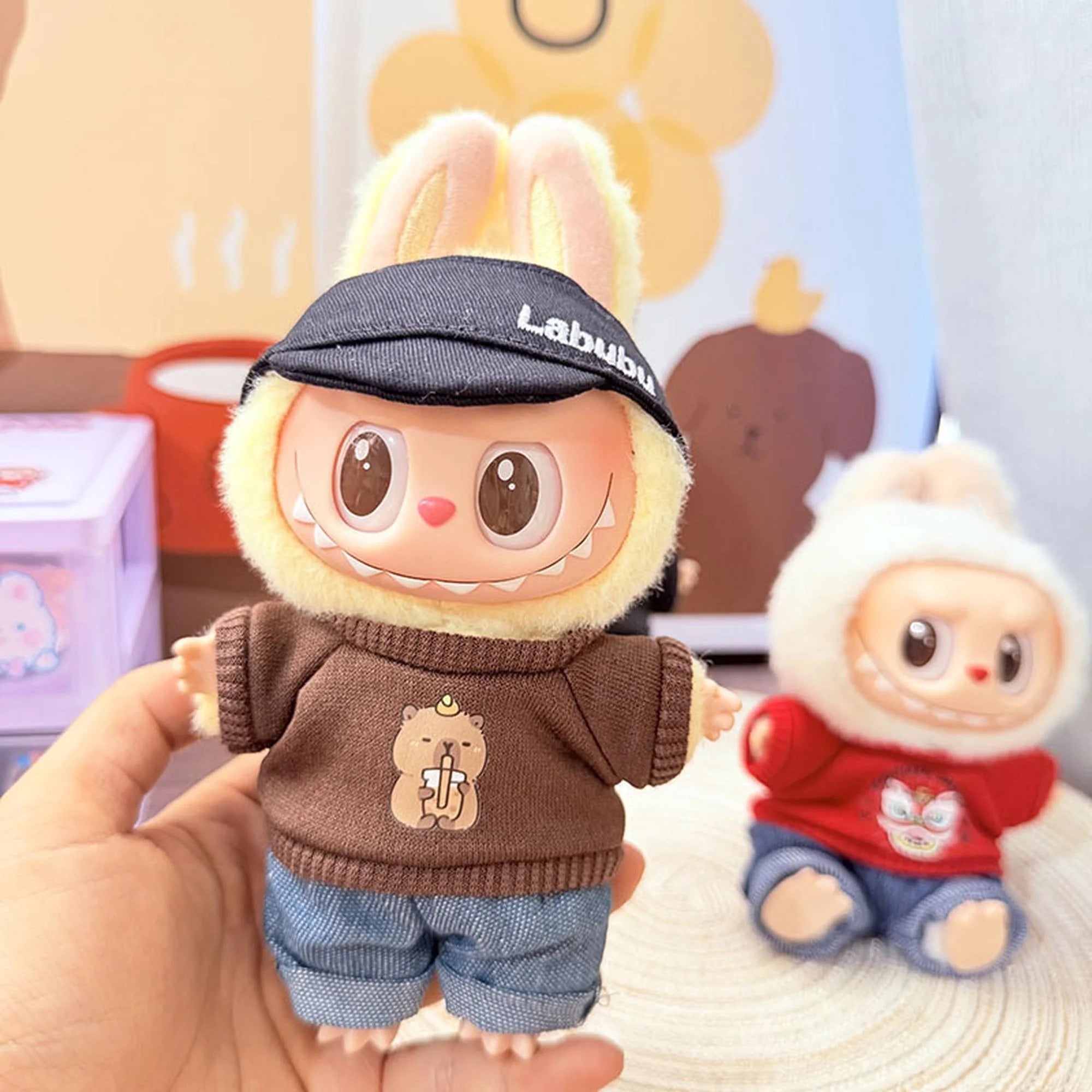 Labubu Clothes Labubu Black Bubu Baseball Cap + Milk Tea-Drinking Bear Hoodie