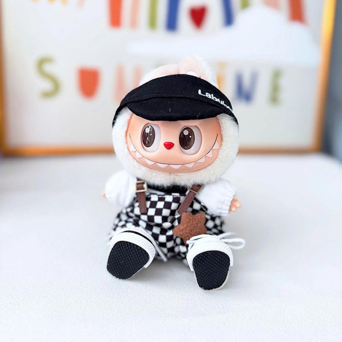 Labubu Clothes Labubu Black Bubu Snapback + Crown Belt Overalls Set Black &amp; White + Black Canvas Shoes