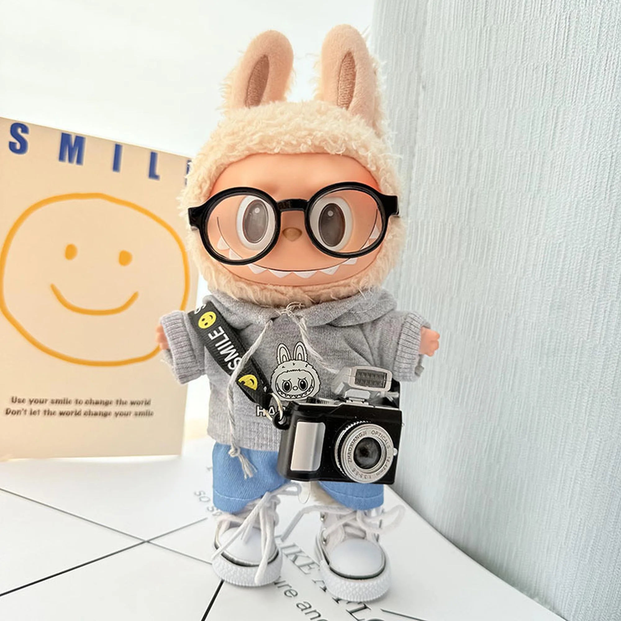 Labubu Clothes Labubu Black Camera + Black Frame Glasses + White Canvas Shoes + Gray Hoodie Two-Piece Set