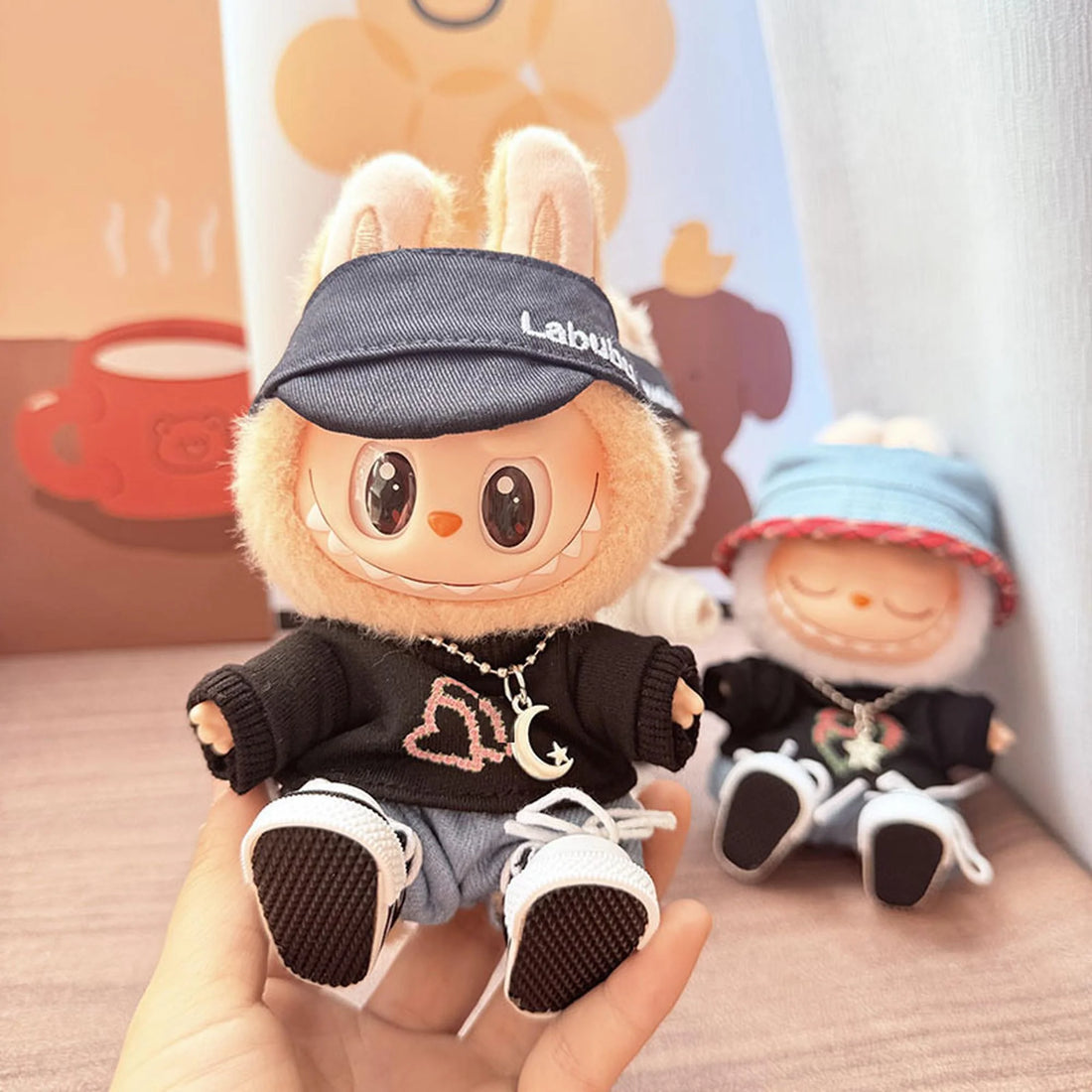Labubu Clothes Labubu Black Canvas Shoes + Black Bubu Cap + Rose Heart Black T-Shirt Set