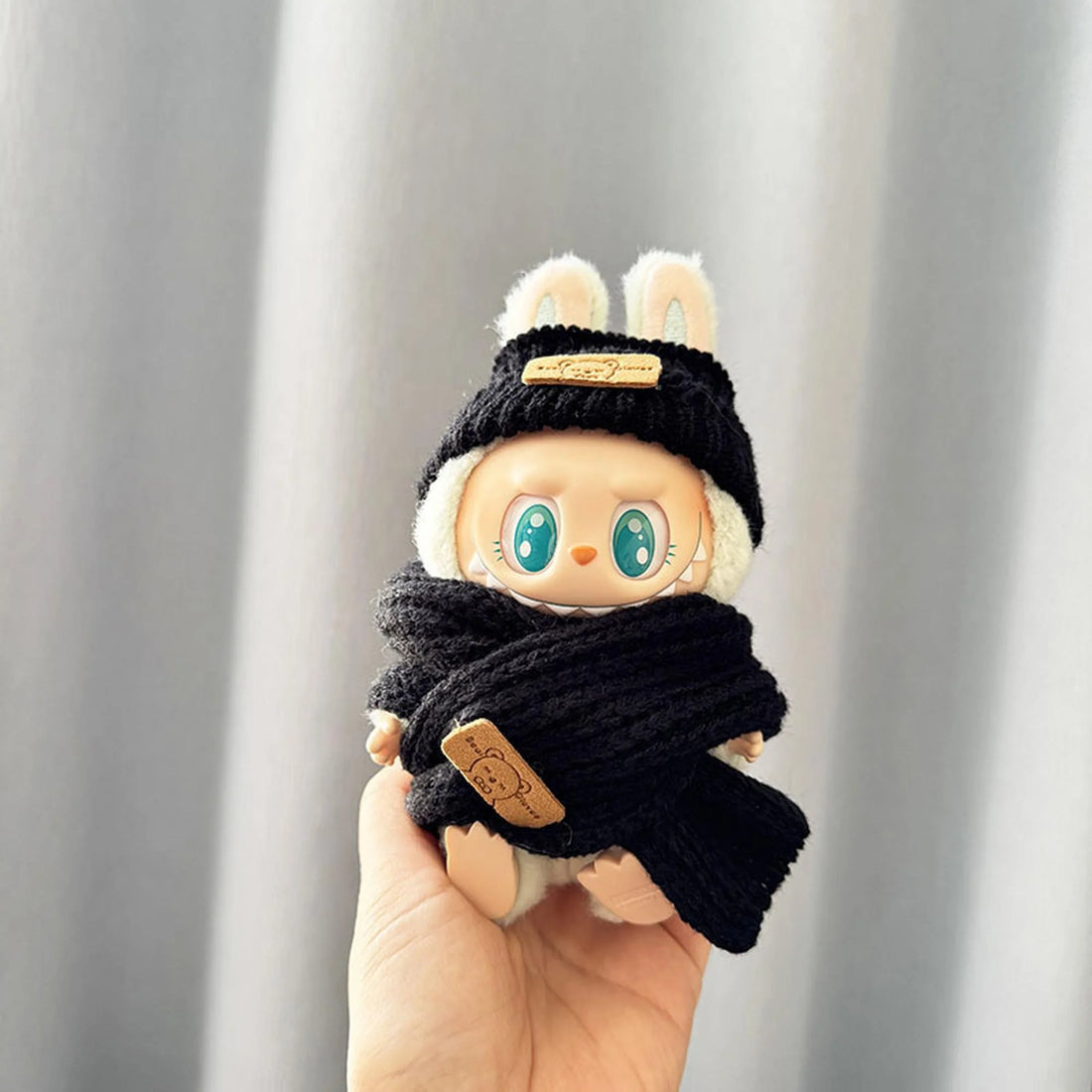 Labubu Clothes Labubu Black Flipped-Brim Bear Hat + Black Bear Scarf