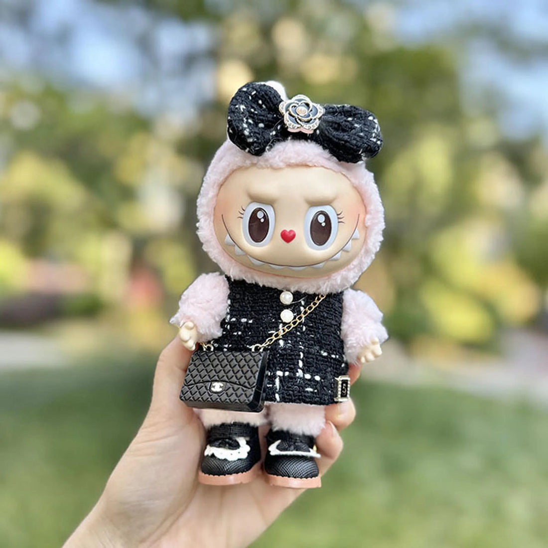 Labubu Clothes Labubu Black Little Princess Shoes + Black Chanel-Style Camellia Charm + Mini C Bag