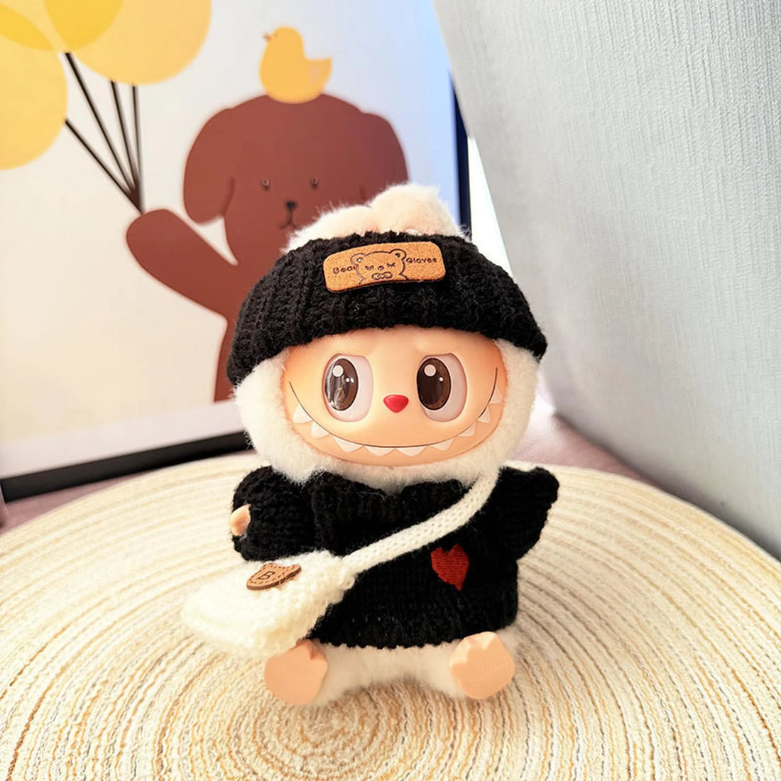 Labubu Clothes Labubu Black Love Sweater + Black Flipped Brim Hat + White B Bag