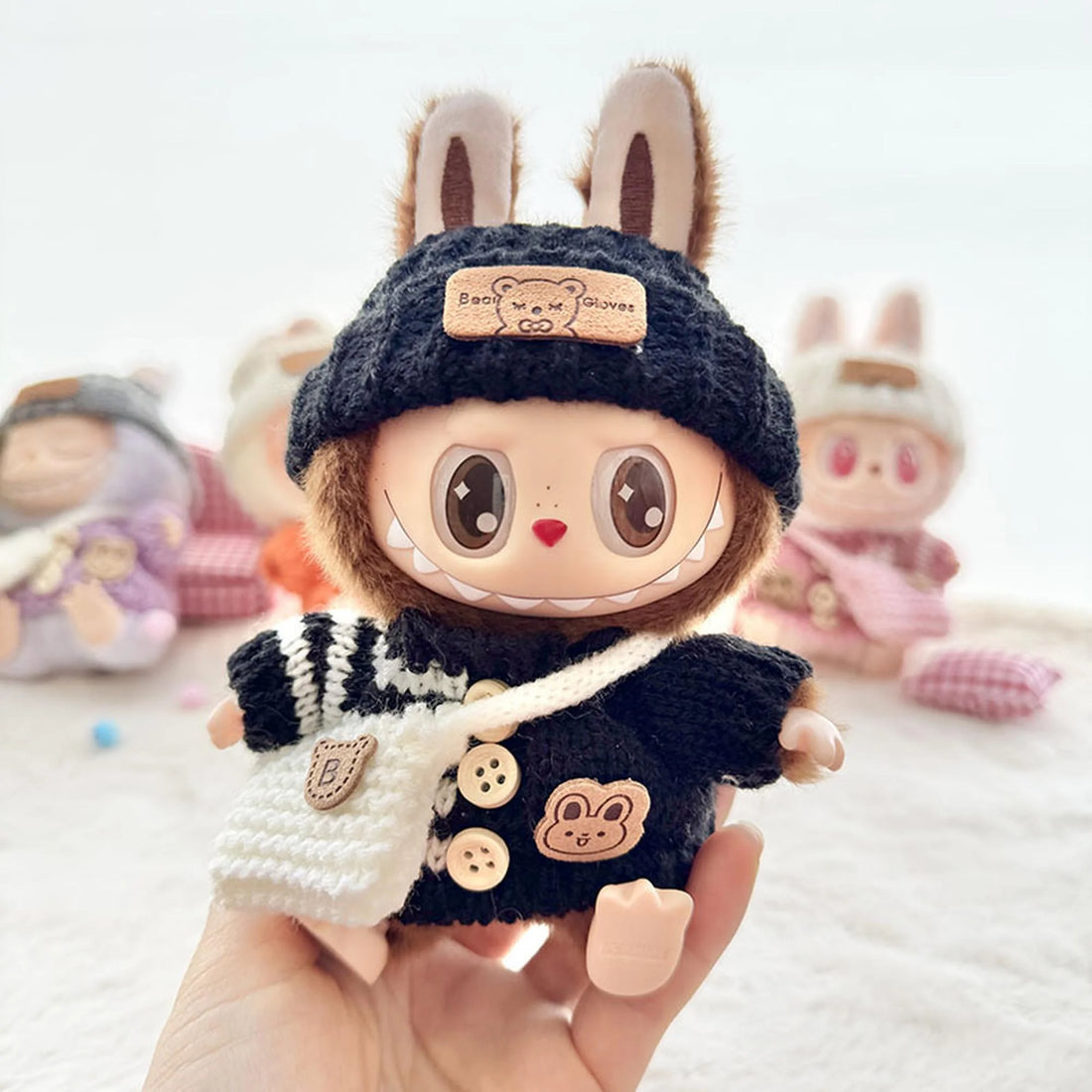 Labubu Clothes Labubu Black Striped Button Sweater + Black Turn-Up Hat + White B Bag