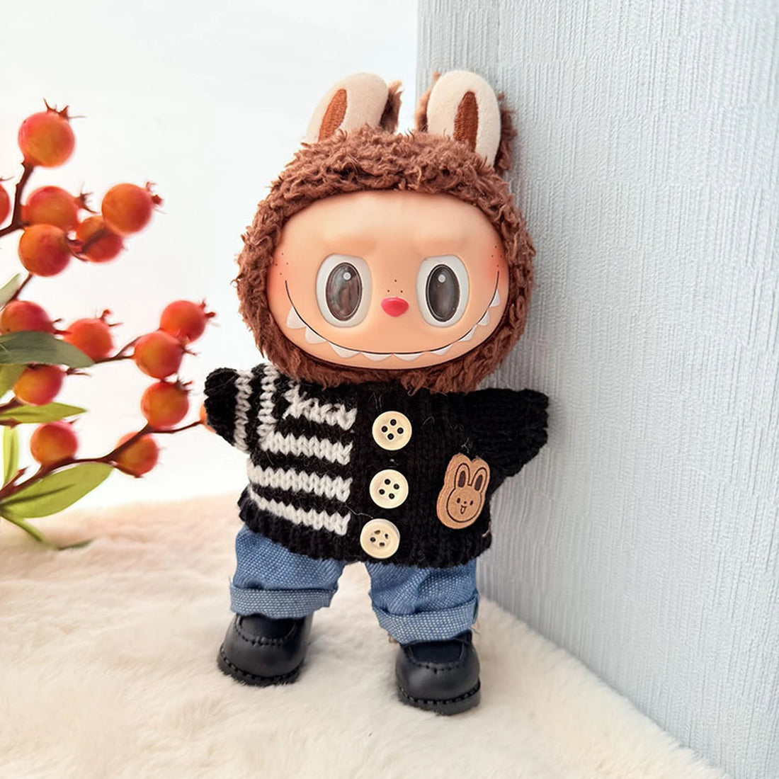 labubu-clothes-black-striped-button-sweater-blue-jeans-black-square-toe-shoes