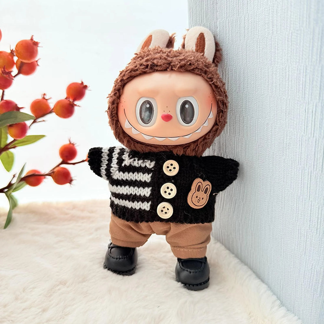 Labubu Clothes Labubu Black Striped Button Sweater + Khaki Pants + Black Square-Toe Shoes