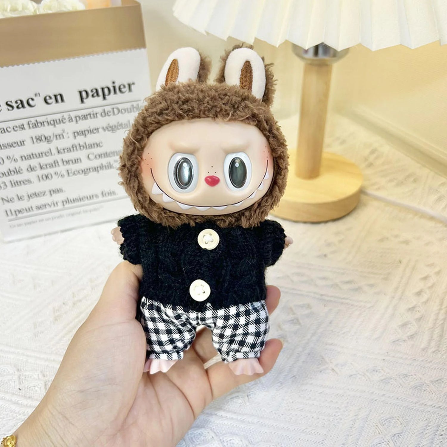 Labubu Clothes Labubu Black Twist Button + Black &amp; White Checkered Pants