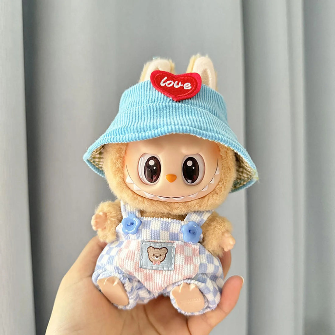 Labubu Clothes Labubu Blue And White Checkered Overalls + Red Heart Blue Hat