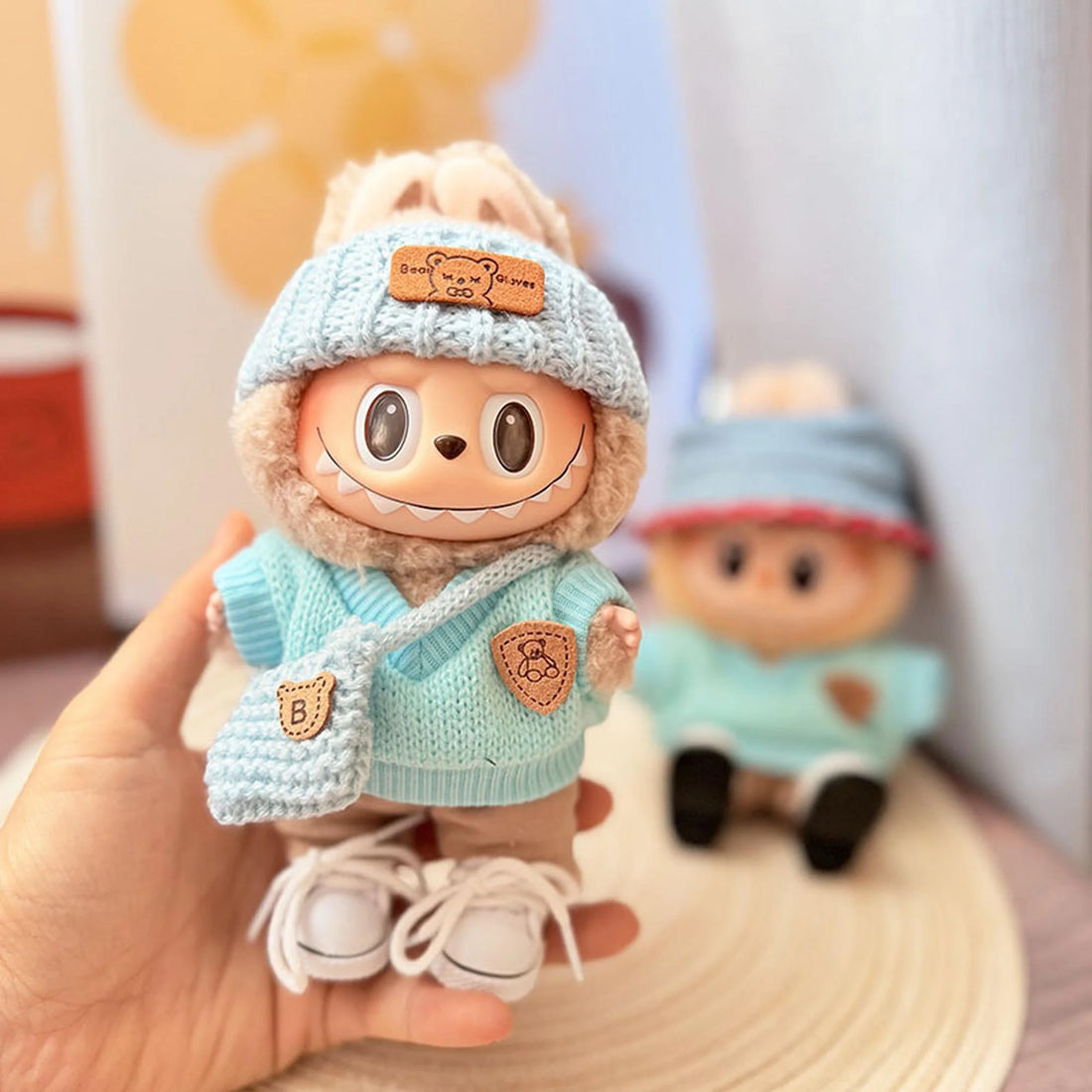 Labubu Clothes Labubu Blue B Bag + White Canvas Shoes + Blue Turn-Up Cap + Sky Blue Bear Brand Sweater