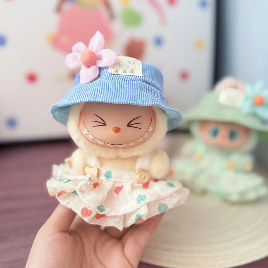 Labubu Clothes Labubu Blue Bunny Hat + Wrinkled Heart Dress In Blue