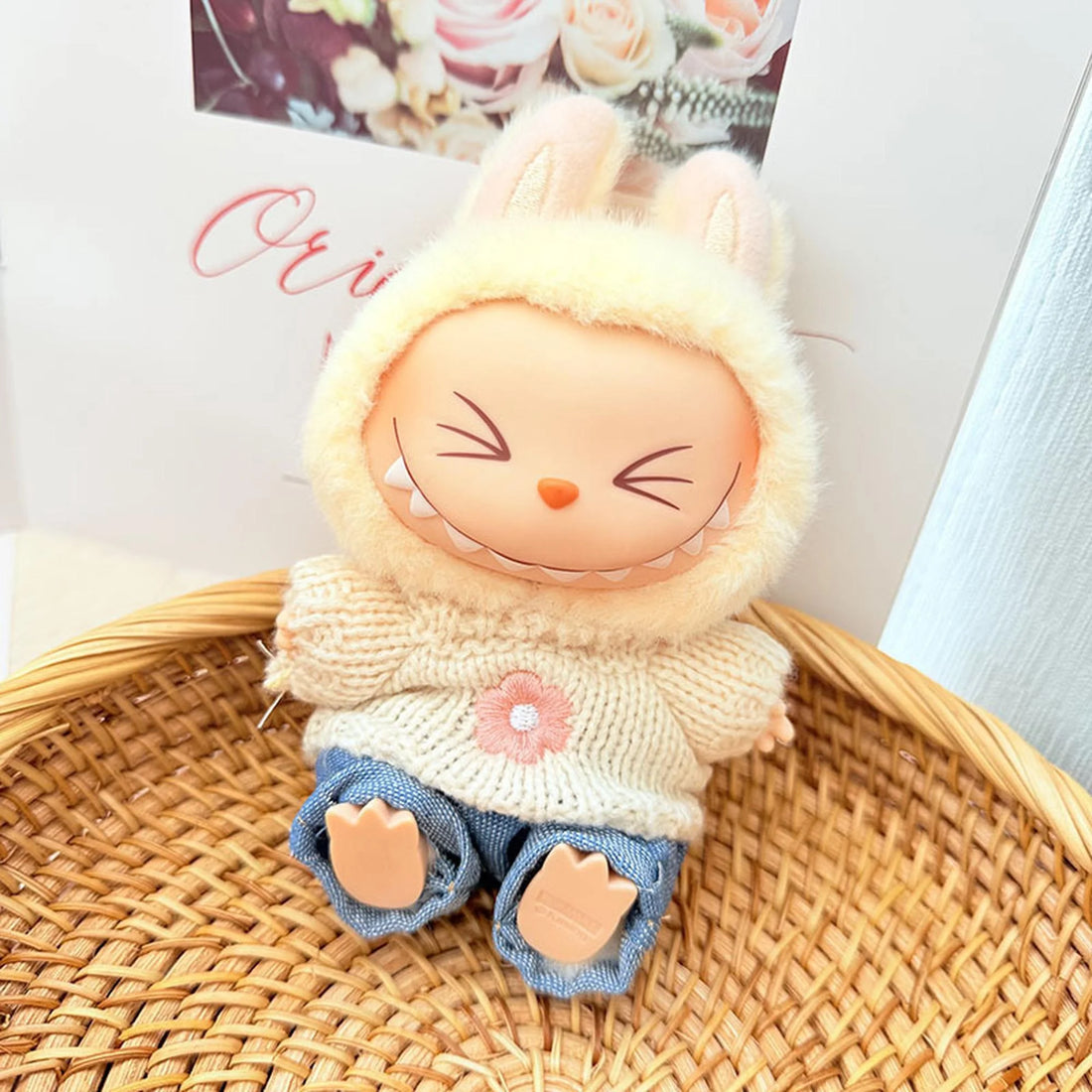Labubu Clothes Labubu Blue Cuffed Jeans + Pink Six-Petal Flower Sweater