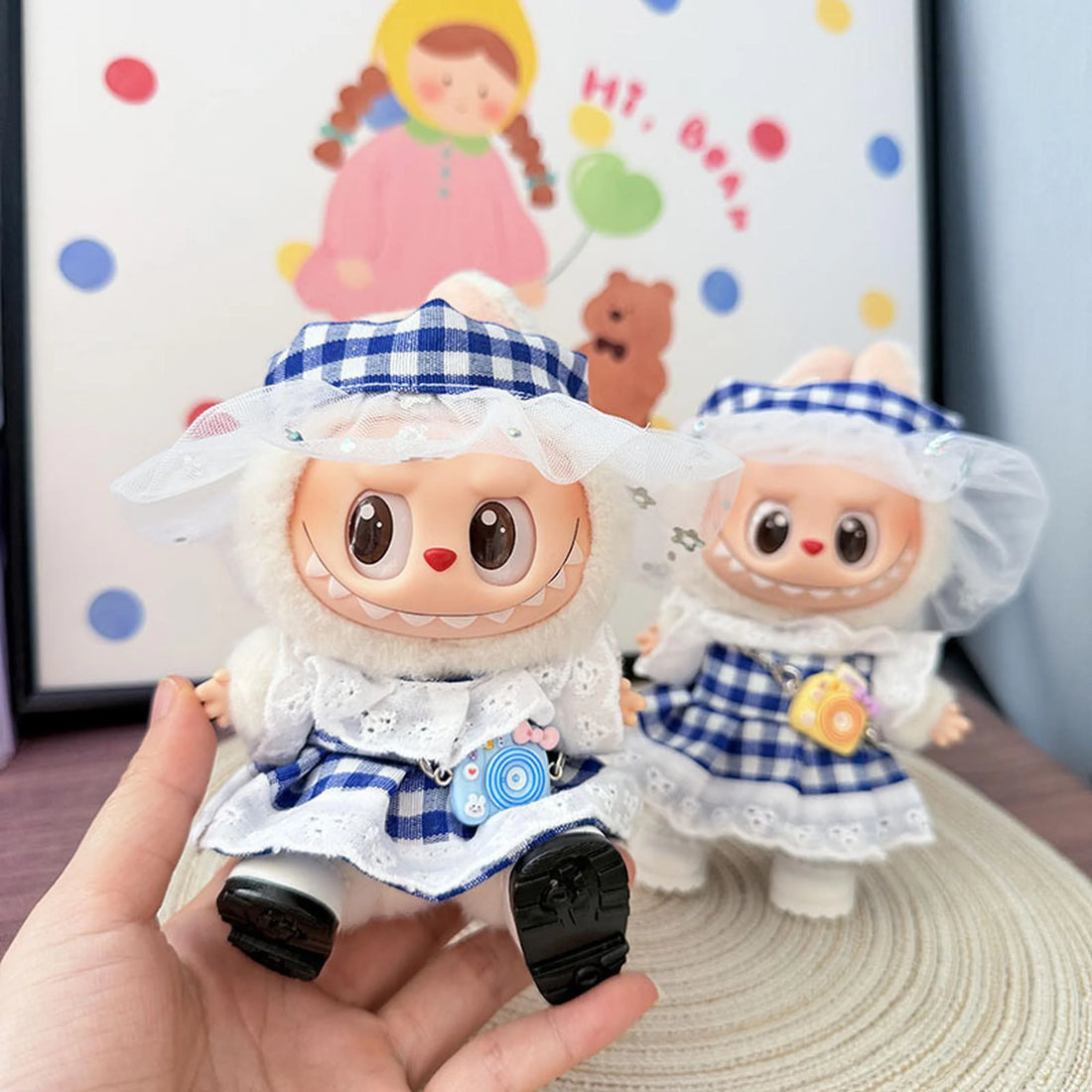 Labubu Clothes Labubu Blue Grid Pastoral Dress + Kd Blue Camera + White Square-Toe Shoes
