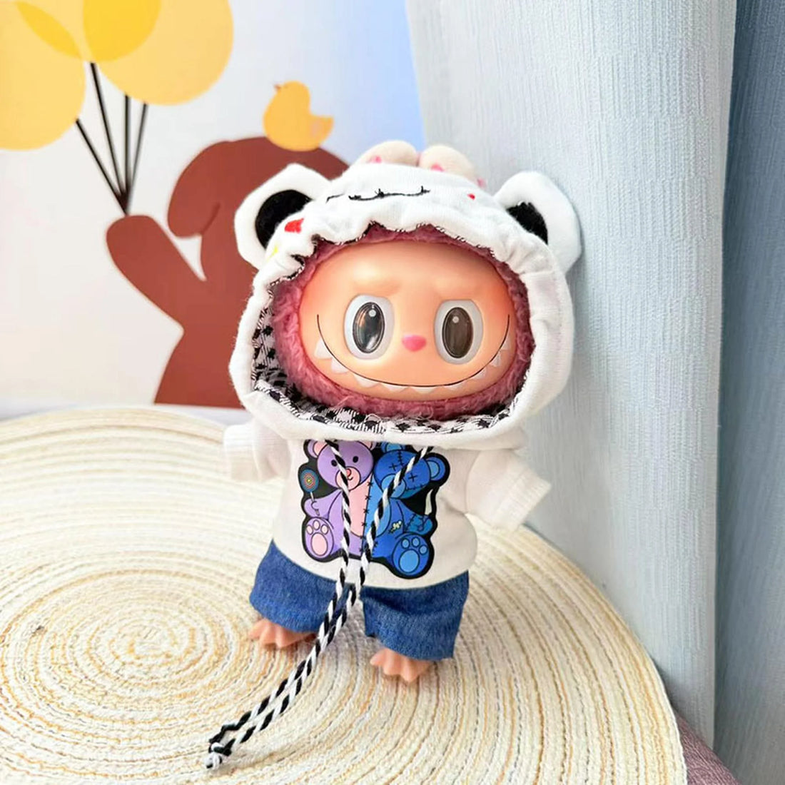 Labubu Clothes Labubu Blue Jeans + White Patch Bear Hoodie