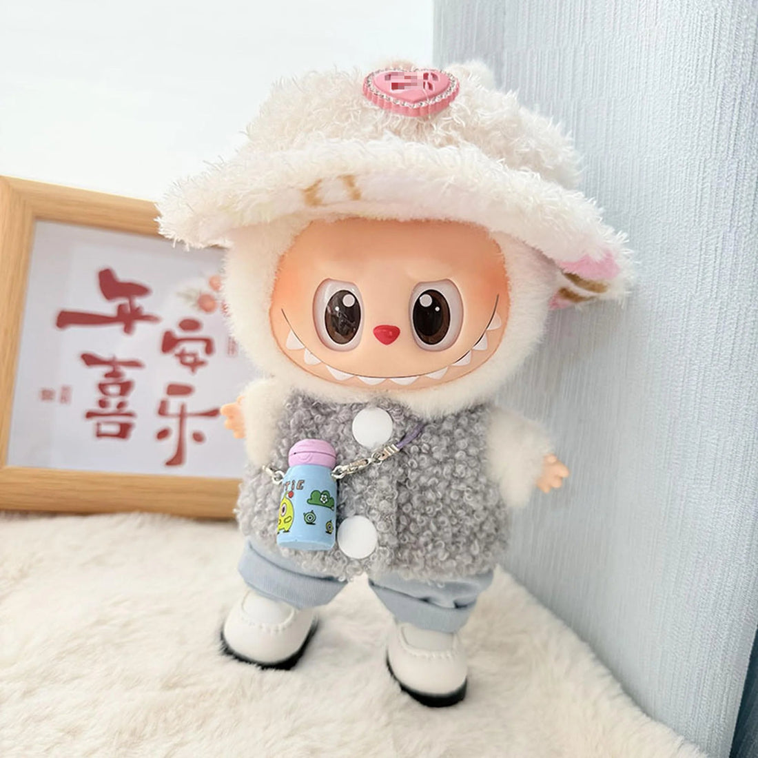 Labubu Clothes Labubu Blue Kettle + White Square-Toe Shoes + Pink Diamond Hat + Gray Double-Buckle Loop Sweater Two-Piece Set