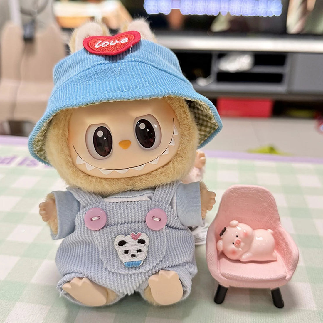 Labubu Clothes Labubu Blue Pocket Suspenders + Red Heart Blue Hat