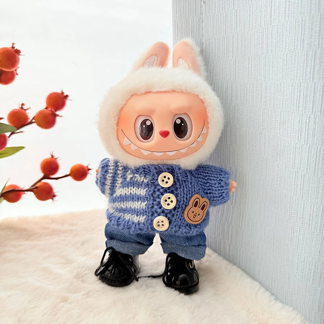 Labubu Clothes Labubu Blue Striped Button Sweater + Blue Jeans + Black Lace-Up Dress Shoes