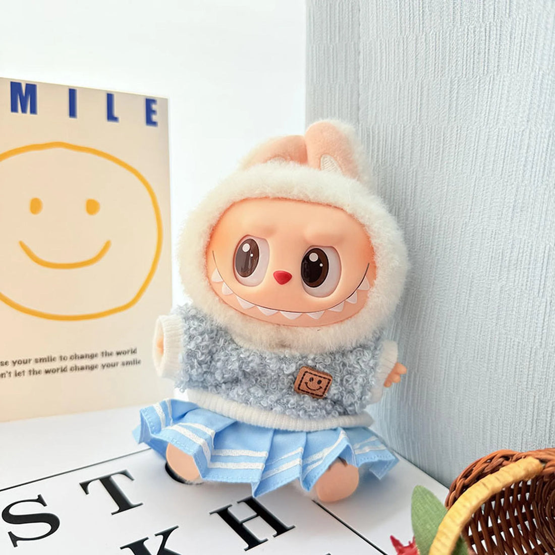 Labubu Clothes Labubu Blue Striped Jk Skirt + Blue Smiley Graphic Tee