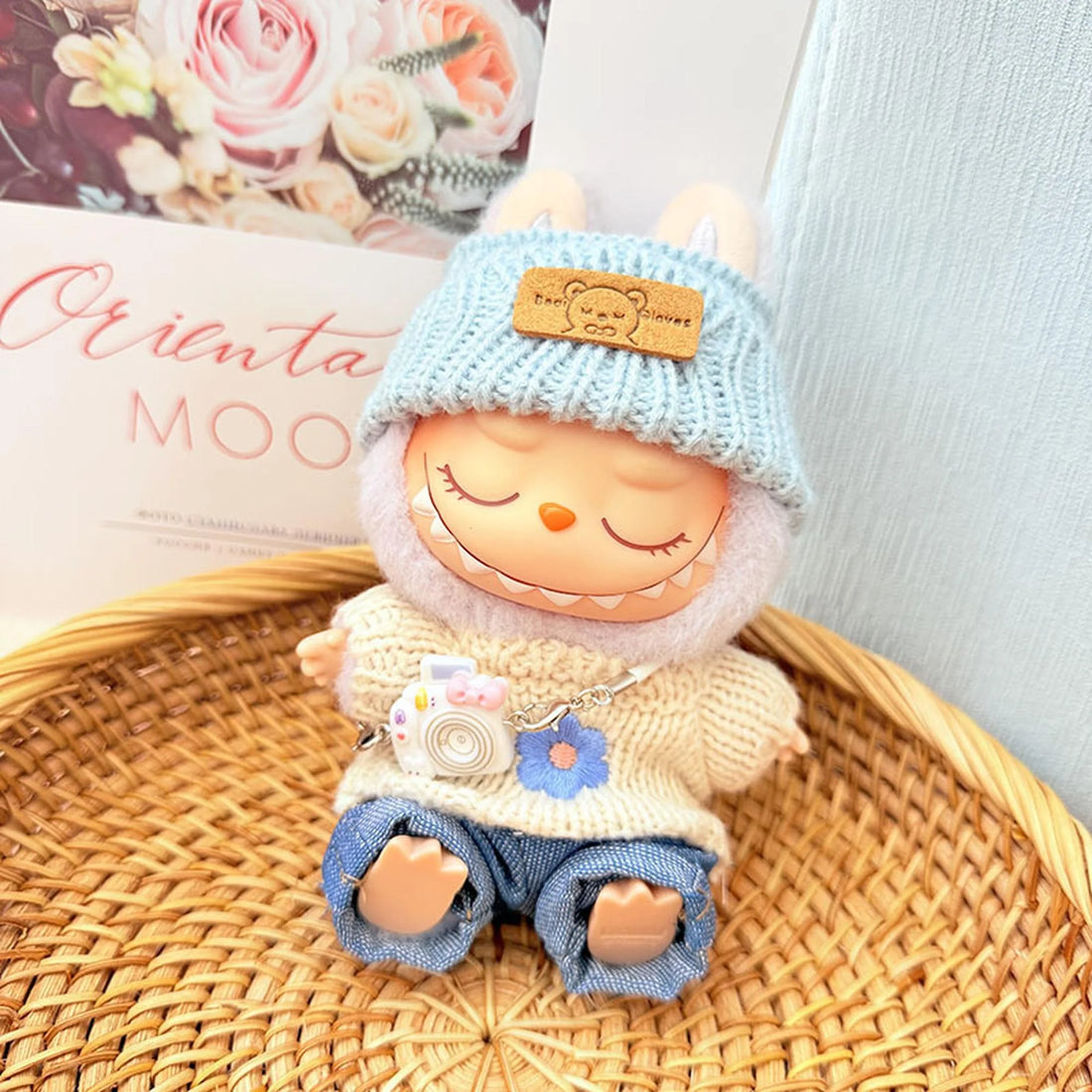 Labubu Clothes Labubu Blue Turn-Up Hat + Kd White Camera + Blue Turn-Up Jeans + Blue Six-Petal Flower Sweater