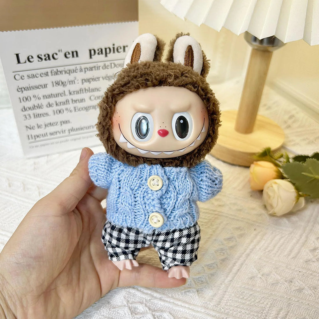 labubu-clothes-blue-twisted-button-black-white-checkered-pants