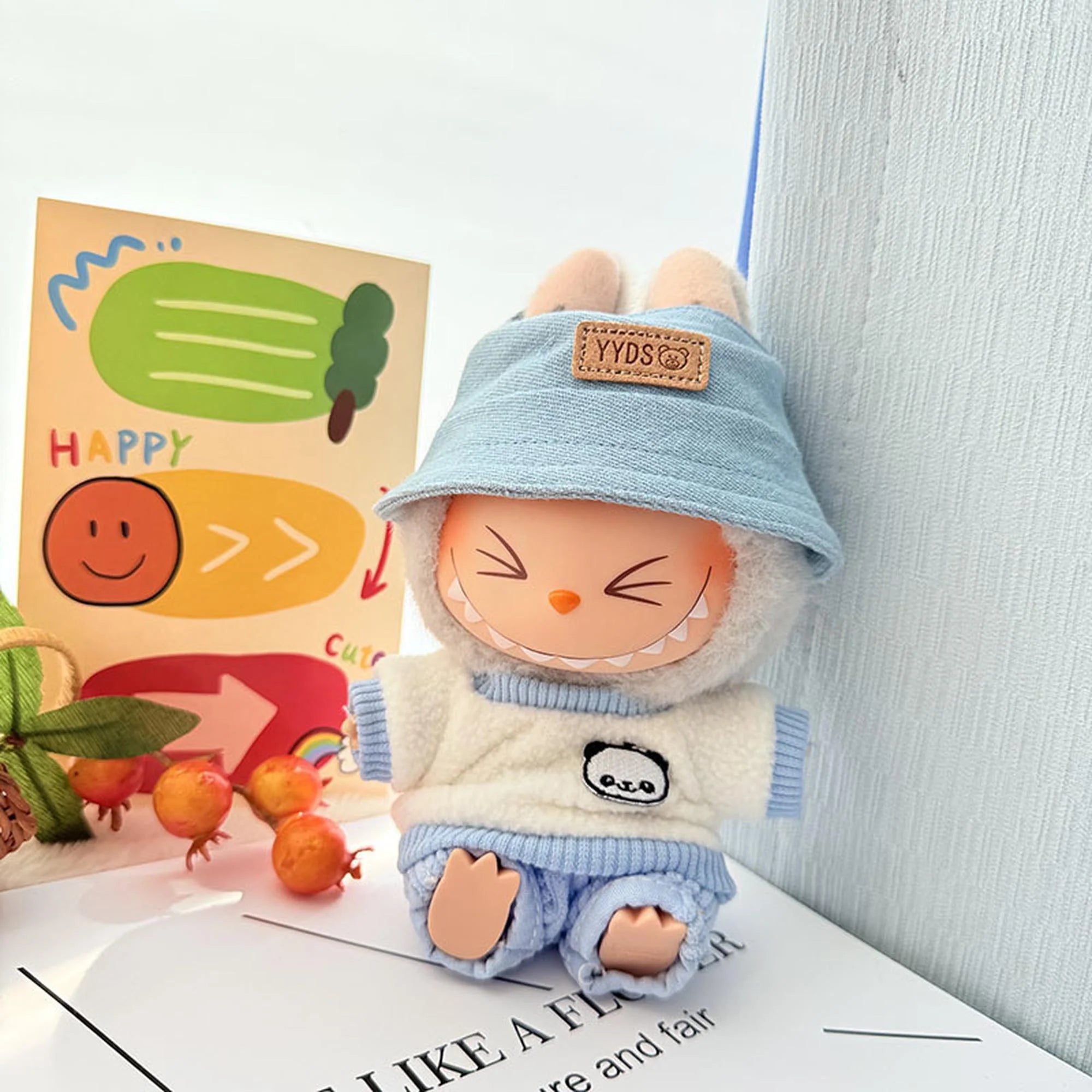 Labubu Clothes Labubu Blue Yyds Hat + Blue Corduroy Two-Piece Set