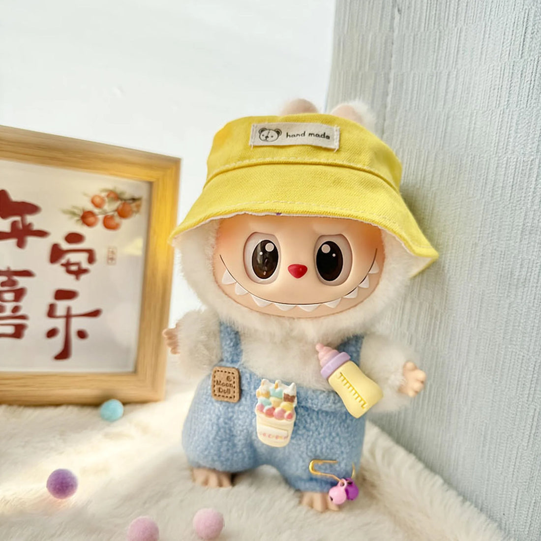 Labubu Clothes Labubu Bright Yellow Hand Hat + Blue Bottle Suspenders