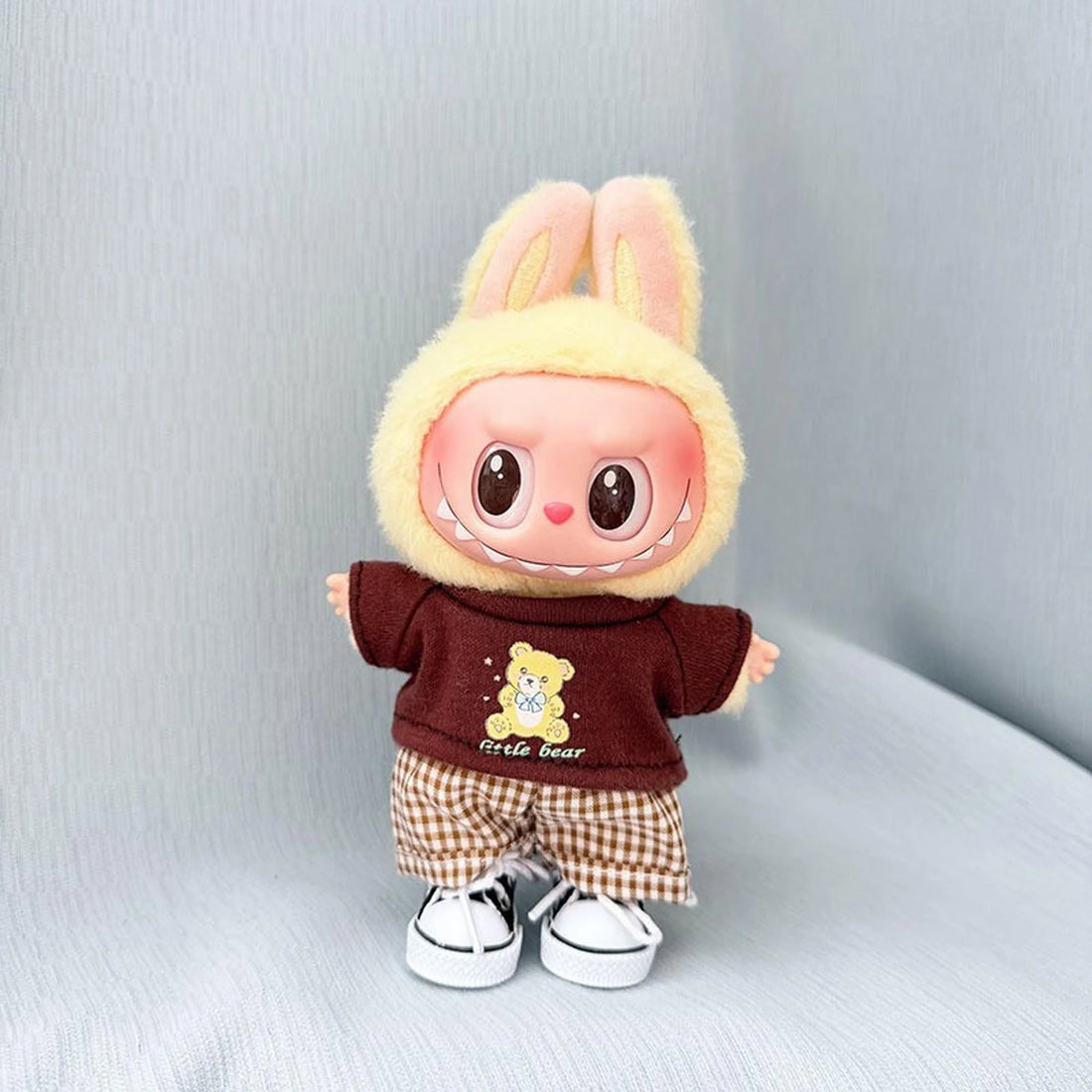 Labubu Clothes Labubu Brown Bear T-Shirt + Brown Checkered Pants + Black Canvas Shoes