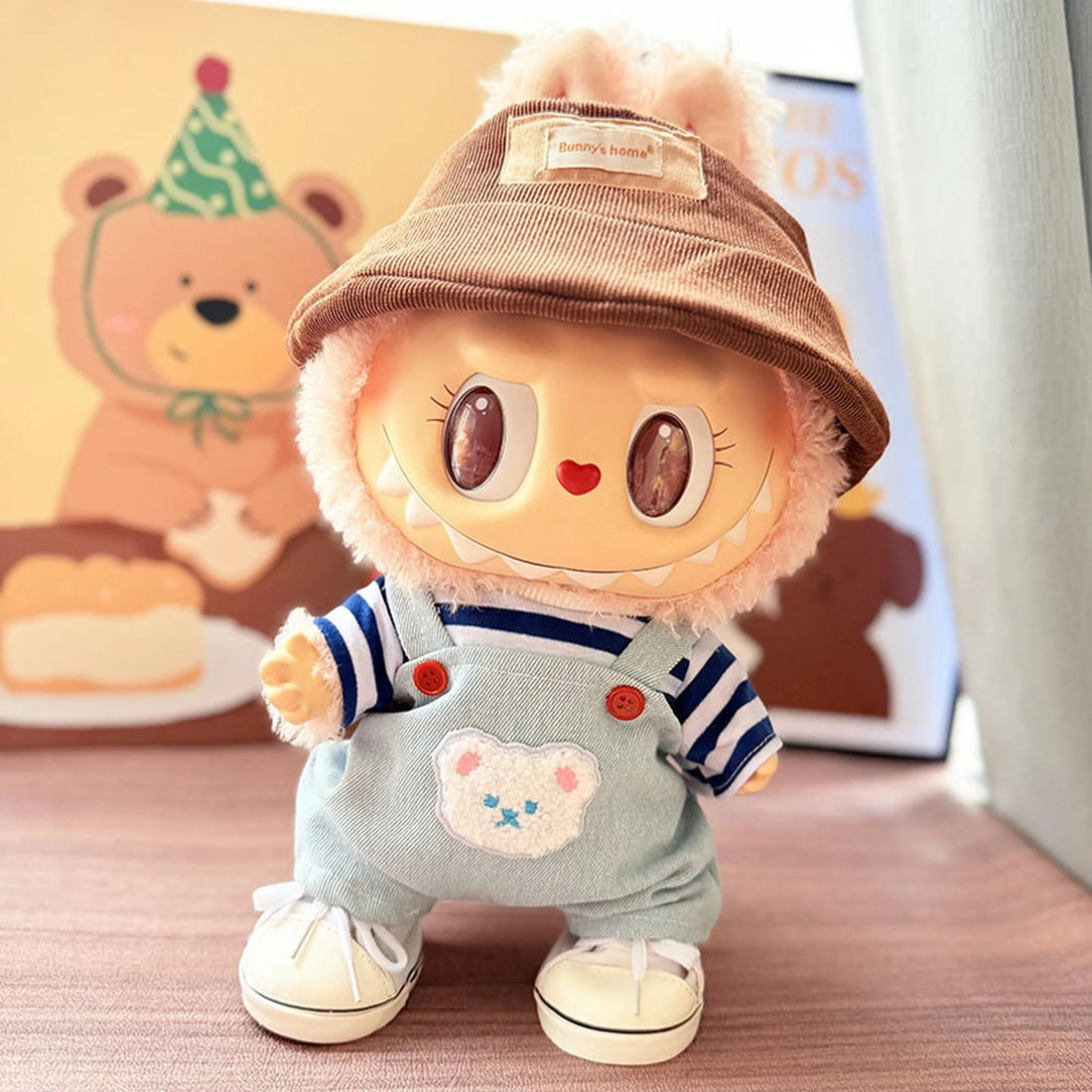 Labubu Clothes Labubu Brown Hat + White Canvas Shoes + Ocean Bear Overalls